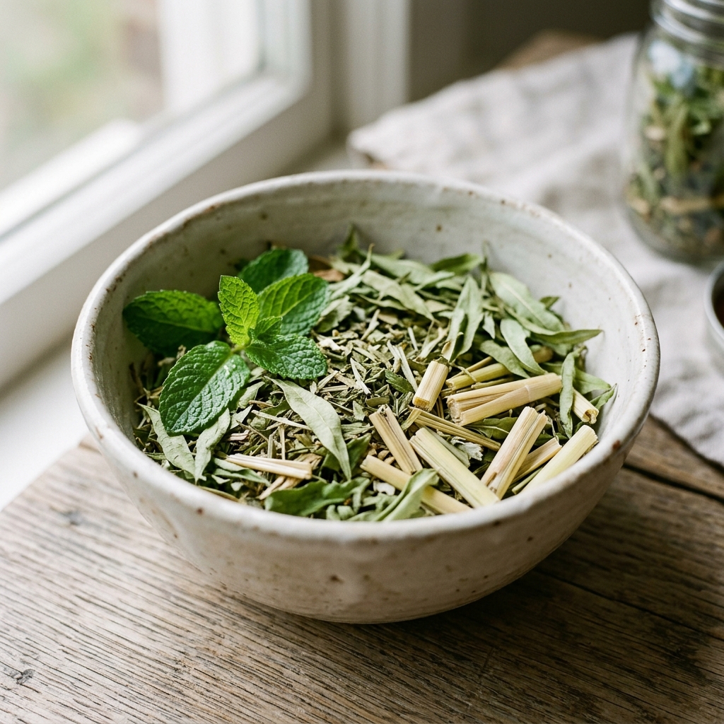 Infusión herbal sin cafeína de menta, cedrón y poleo