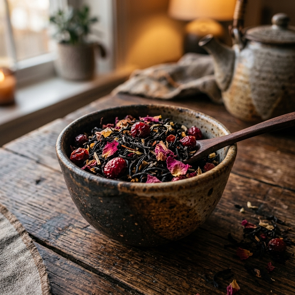 Hebras de té negro con frutos rojos y pétalos de rosa en taza de barro