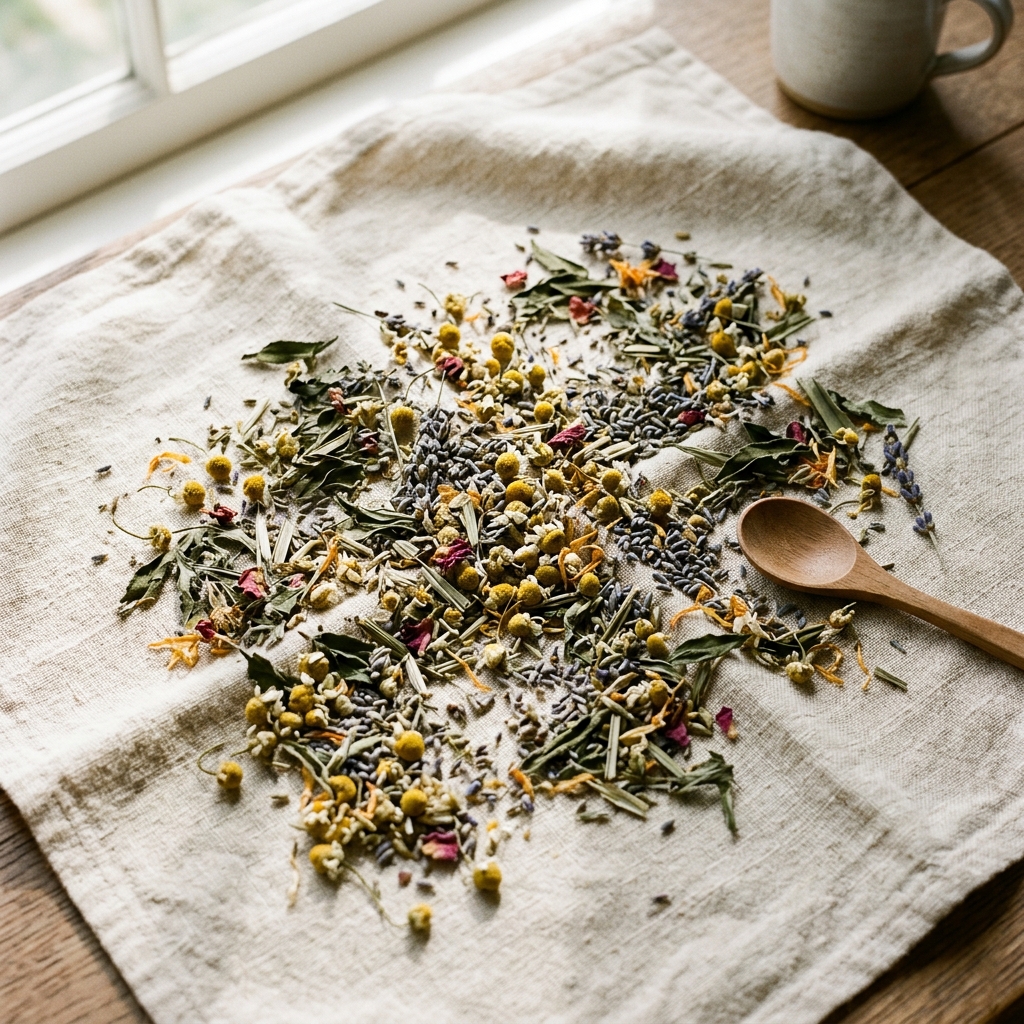 Hebras de té artesanal sobre un lienzo natural con manzanilla y lavanda